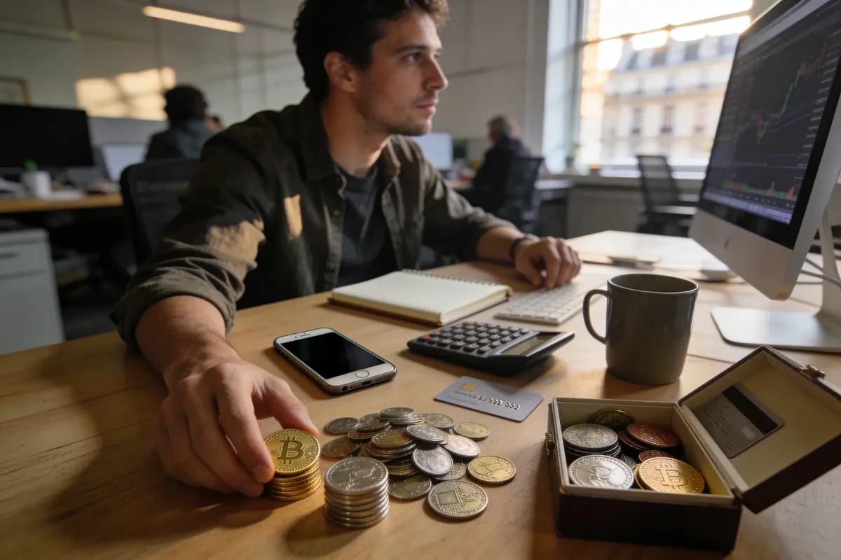 Homme travaillant au bureau avec crypto-monnaies, ordinateur, smartphone et calculatrice sur le bureau.