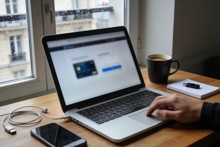 Portable sur une table près d'une fenêtre avec téléphone, carnet, stylo et café.