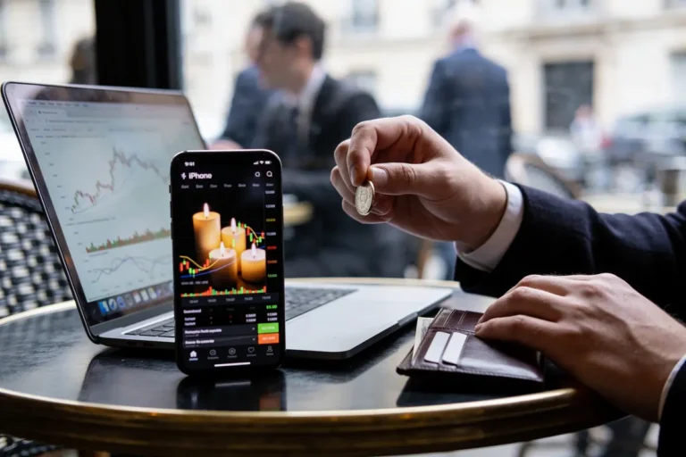 Un homme, pièce en main, utilise un smartphone et un ordinateur portable avec des graphiques financiers.
