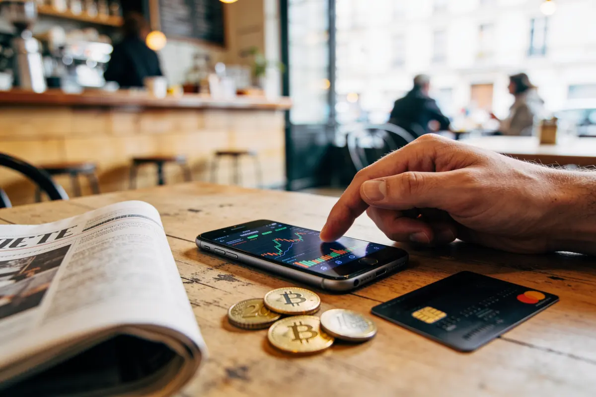 Main avec smartphone affichant graphiques, pièces Bitcoin, carte bancaire, journal sur table de café.