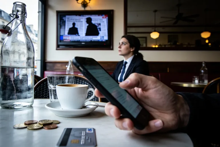 Personne sur téléphone dans café, femme en costume, télévision en arrière-plan, bouteille, monnaie, carte, tasse de café.