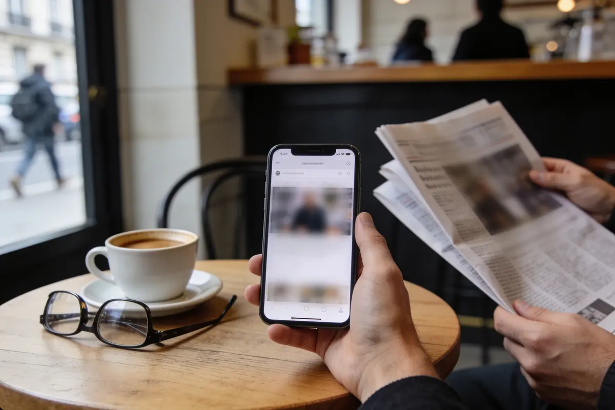 Personne avec smartphone et journal, café et lunettes sur table dans un café parisien.