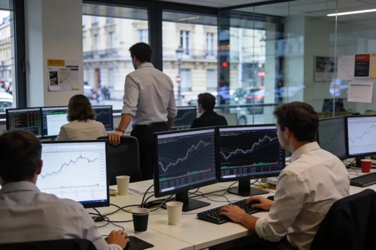 Employés de bureau analysant des graphiques financiers sur des ordinateurs, ambiance de travail collaborative, vue sur la ville.