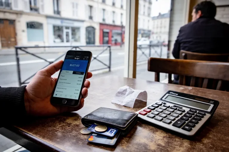 Une personne vérifie son budget sur smartphone, près d'une calculatrice, portefeuille et reçu, dans un café.