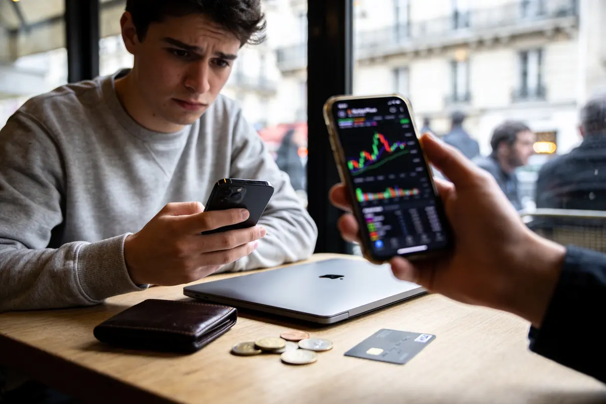 Un homme regarde un téléphone, préoccupé. Un autre téléphone montre des graphiques financiers. Laptop et portefeuille sur table.