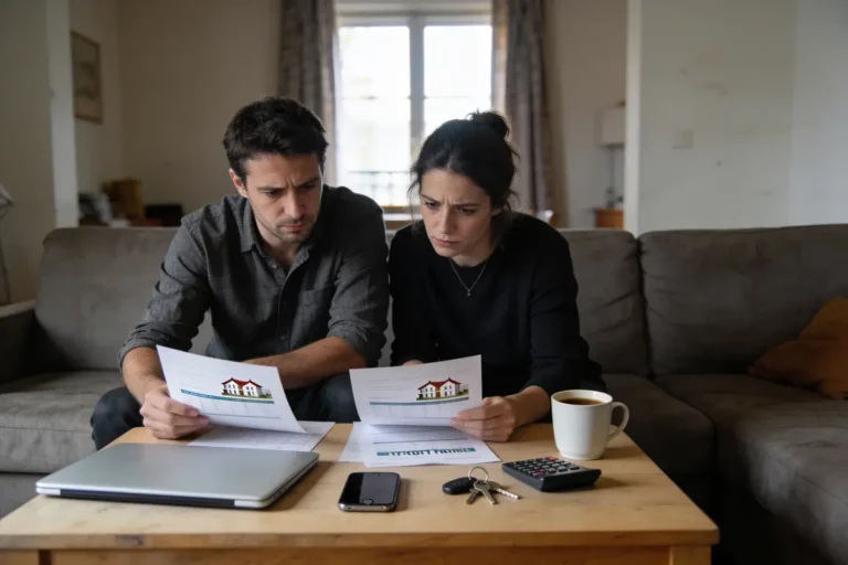 Couple préoccupé examinant des documents financiers à la maison, avec ordinateur portable, documents et calculatrice sur la table.
