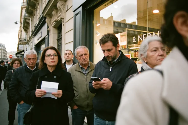 Groupe de personnes faisant la queue devant un magasin, certaines regardent des papiers ou un téléphone.