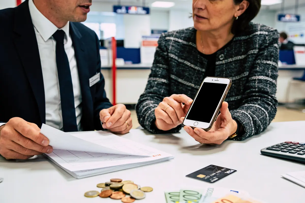Deux personnes discutent finances, avec documents, smartphone, pièces, billets et carte bancaire sur la table.
