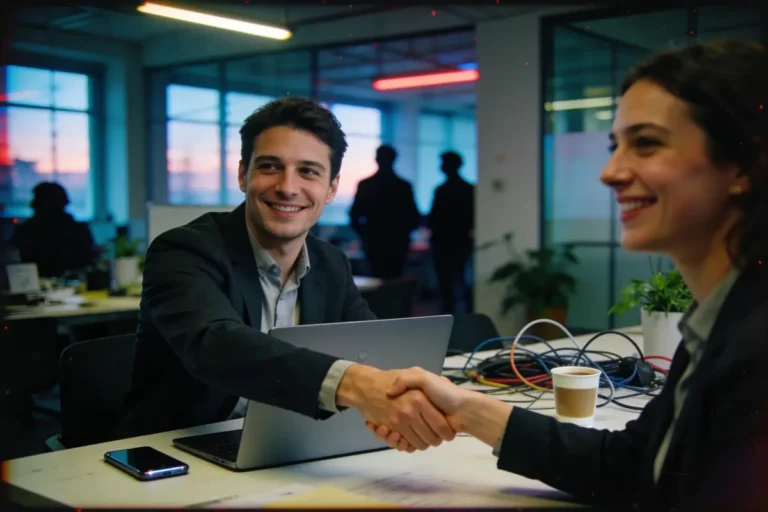 Deux personnes souriantes se serrent la main dans un bureau moderne, ordinateur portable et smartphone visibles.