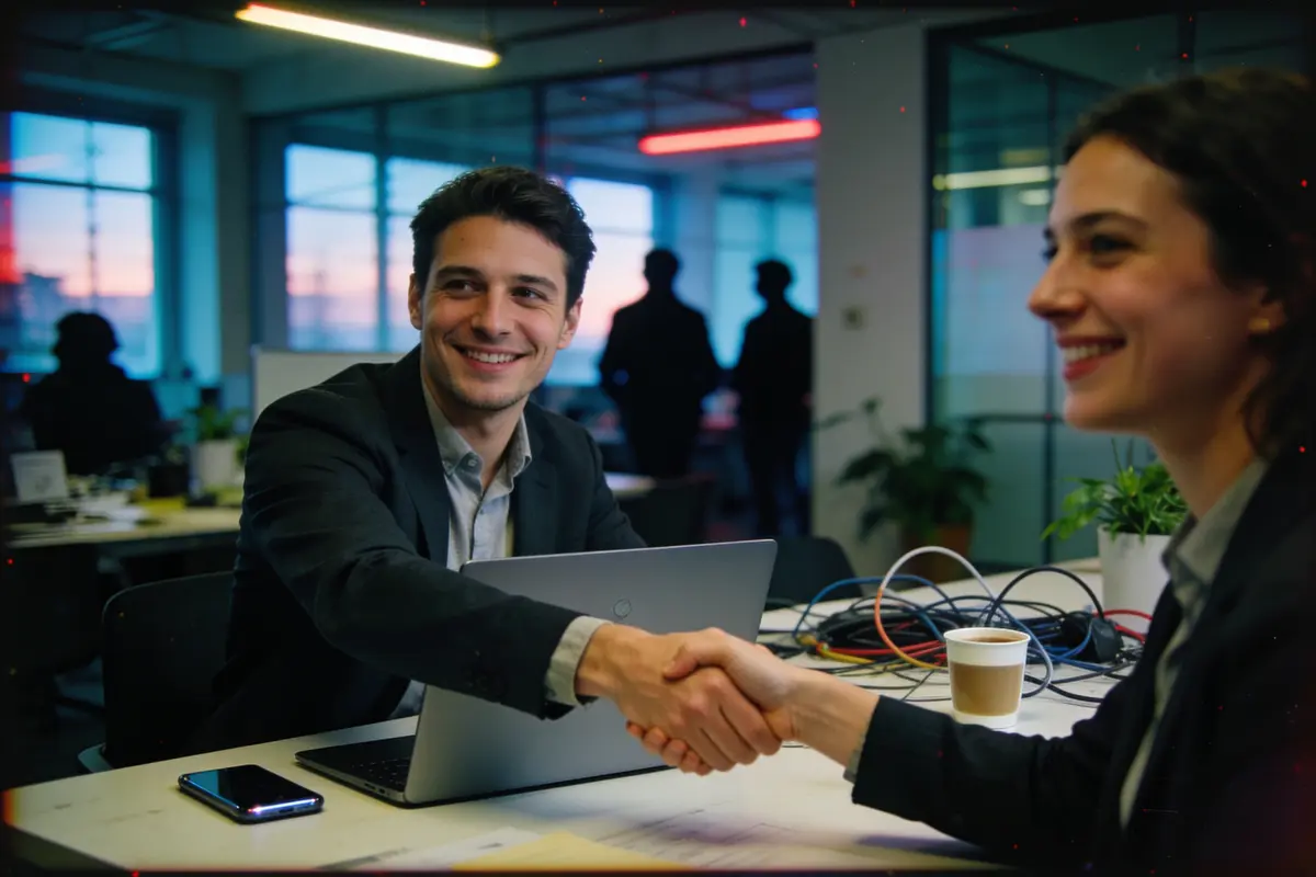 Deux personnes souriantes se serrent la main dans un bureau moderne, ordinateur portable et smartphone visibles.