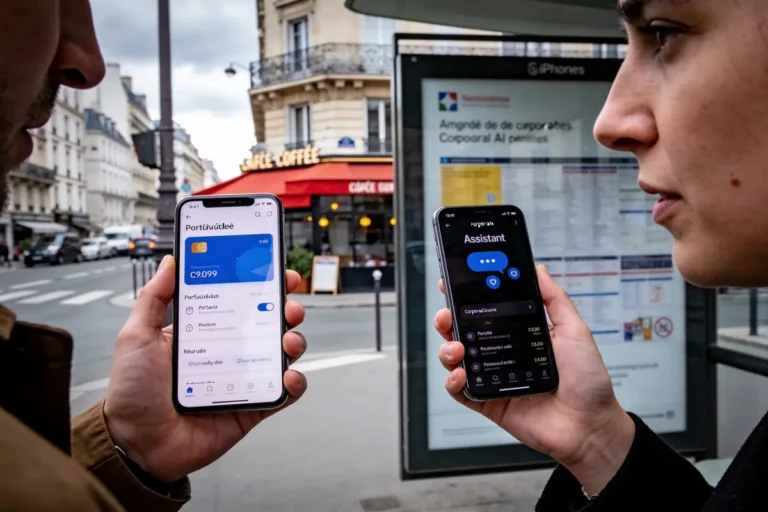 Deux personnes regardant des smartphones affichant des applications de portefeuille numérique, en plein air, dans une rue animée.
