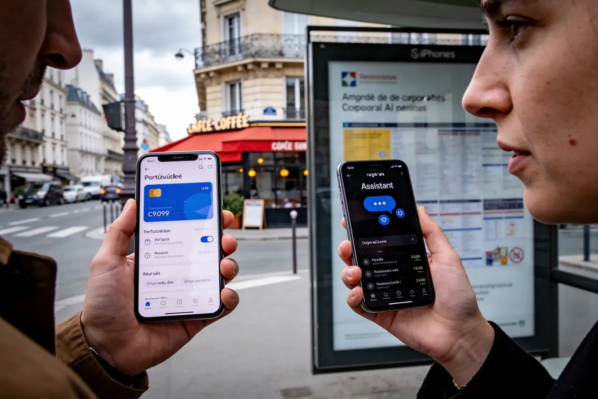 Deux personnes regardant des smartphones affichant des applications de portefeuille numérique, en plein air, dans une rue animée.