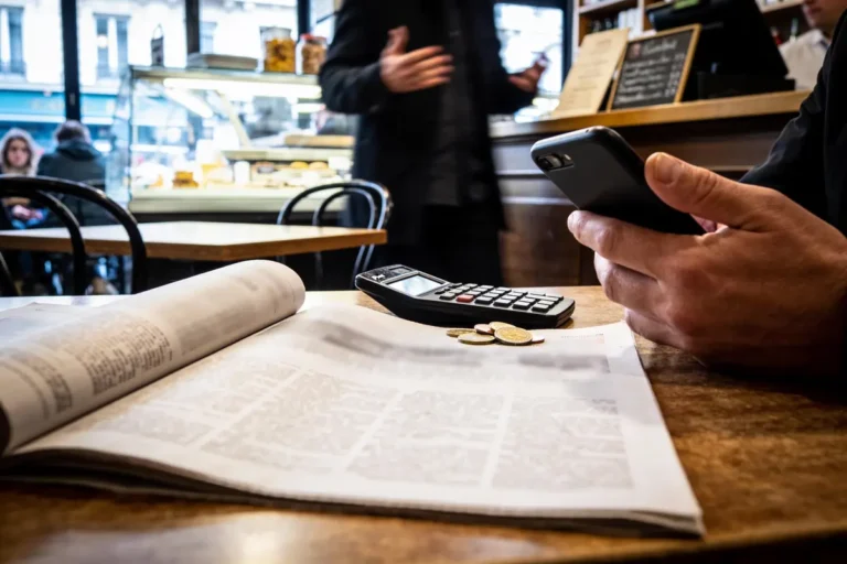 Table de café avec journal ouvert, téléphone, terminal de paiement, pièces de monnaie. Arrière-plan flou avec clients.