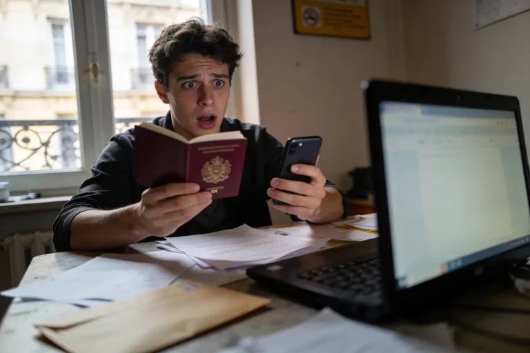 Jeune homme surpris avec passeport, téléphone, documents sur table, près d'une fenêtre, ordinateur portable ouvert.
