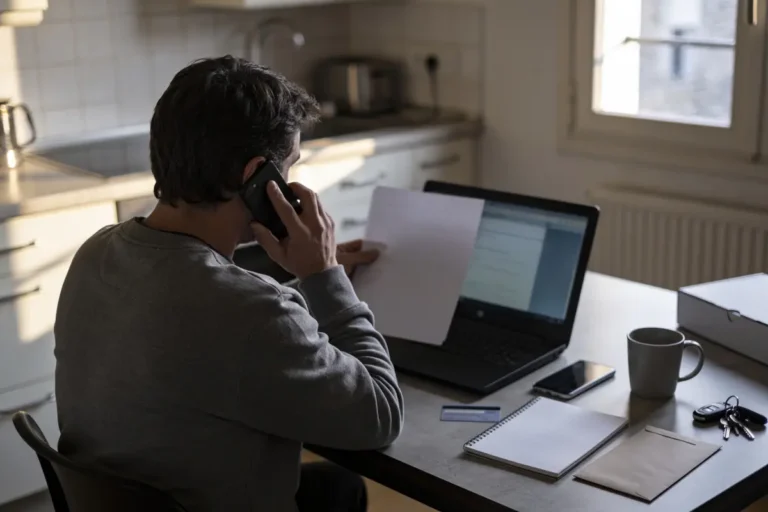 Homme téléphonant, tient document, assis devant ordinateur portable sur table avec cahier, téléphone, tasse, clés.