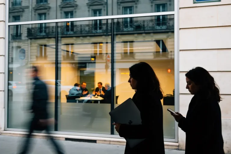 Personnes marchant devant une vitrine éclairée, intérieur avec autres personnes discutant autour d'une table.