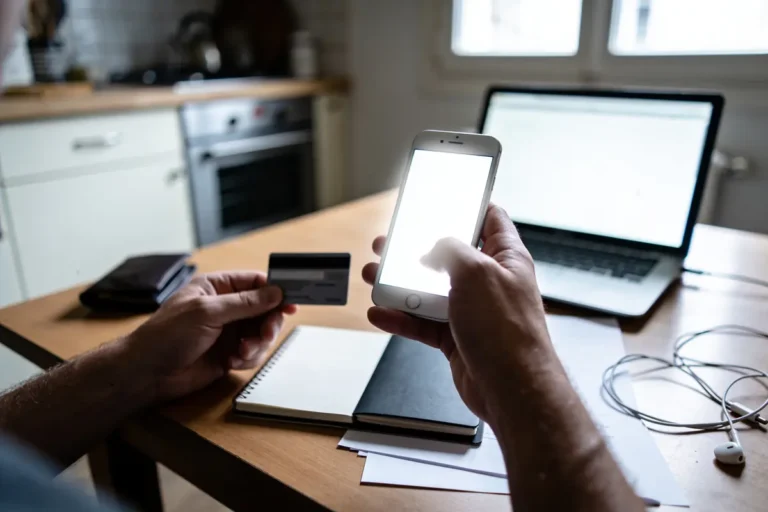 Personne utilisant smartphone et carte bancaire dans une cuisine, ordinateur portable et écouteurs sur la table.
