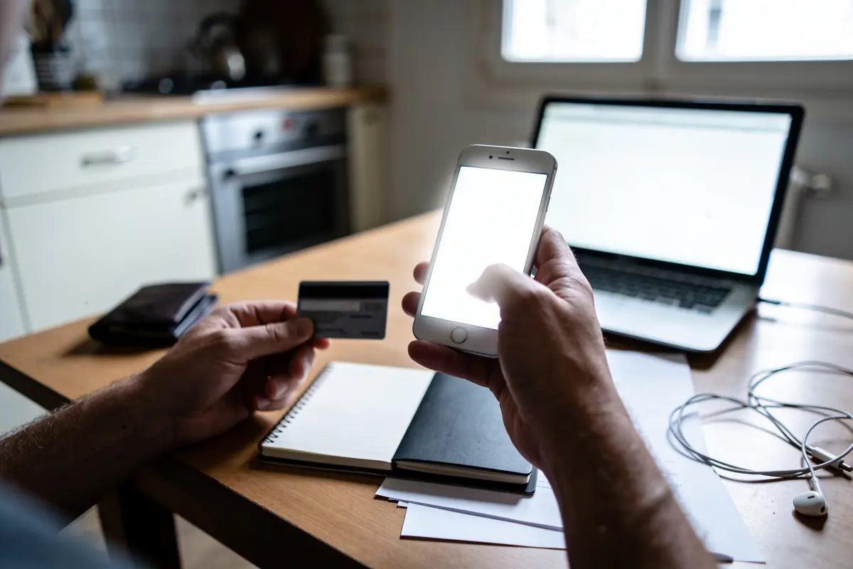 Personne utilisant smartphone et carte bancaire dans une cuisine, ordinateur portable et écouteurs sur la table.